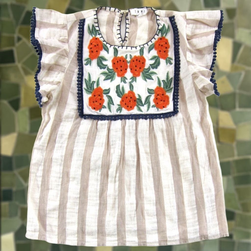 Anthropologie THML Anthropologie Blouse Floral Stripe Cap Sleeve Small Blue Orange White Brown Floral Stripe Cap Sleeve Blouse Small Size S / US 4 / IT 40 - 1 Thumbnail