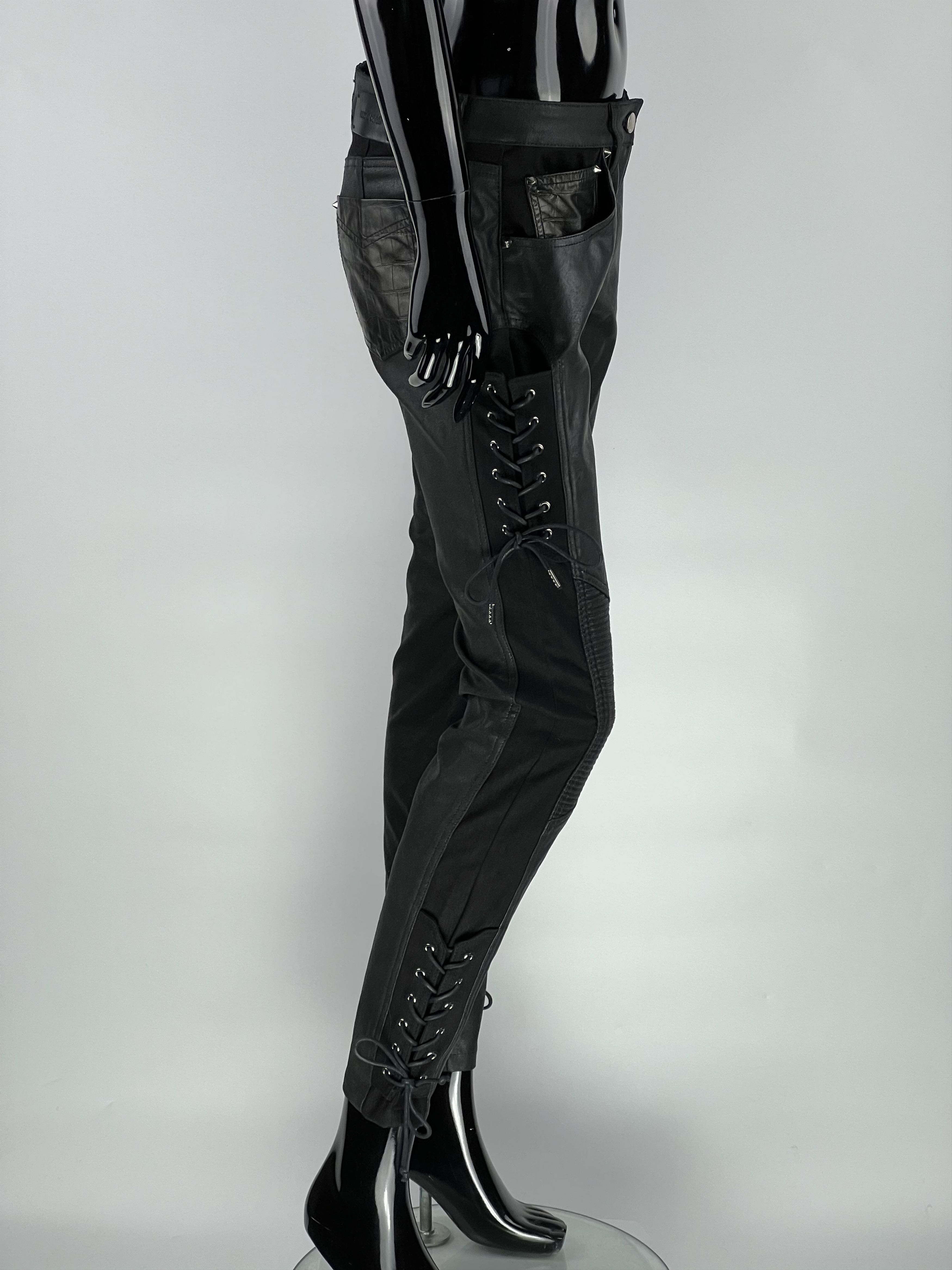 Roberto Cavalli Lace Up Leather Pockets Croco Print Waxed Pants Size IT42 Size 28" / US 6 / IT 42 - 2 Thumbnail