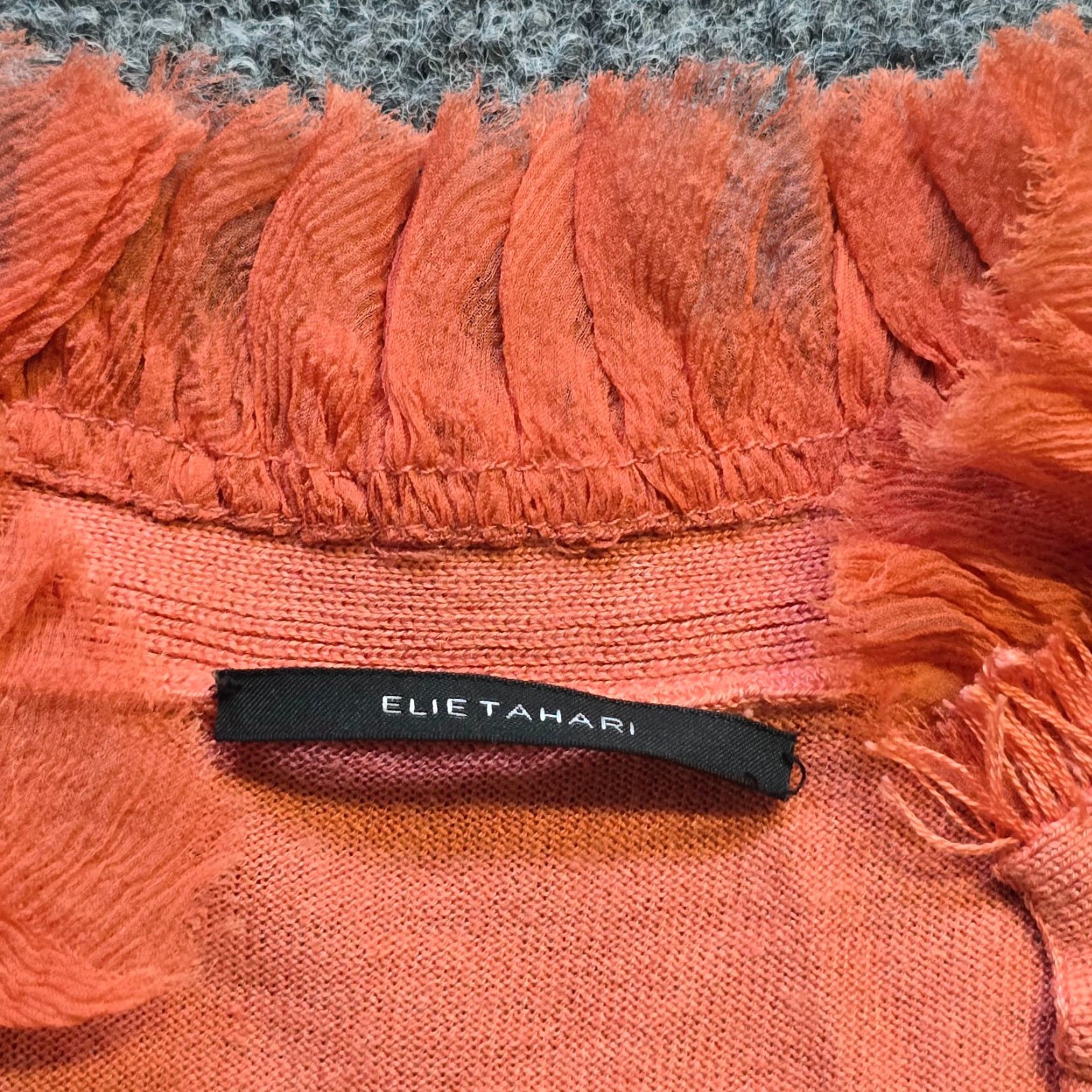 Elie Tahari Elie Tahari Sweater Womens XS Orange Silk Knit Ruffle Trim V-Neck Fitted Pullover Short Sleeve Size XS / US 0-2 / IT 36-38 - 5 Thumbnail