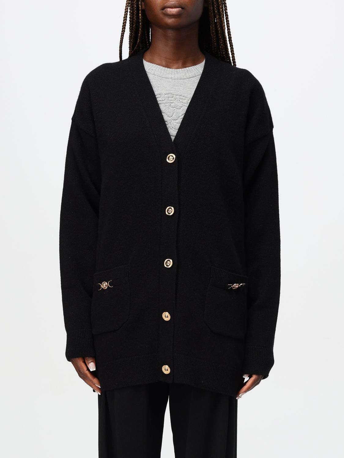 Versace o1s22i1n1024 Boxy Wool Cashmere Cardigan in Black Size S / US 4 / IT 40 - 1 Thumbnail
