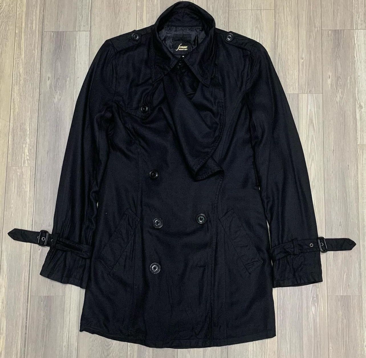 image of Tornado Mart Femme Asymmetrical Drapped Trench Coat in Black, Women's (Size Medium)