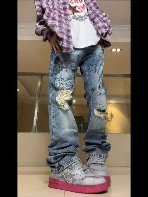 VIBE Street hand-painted graffiti printed ripped jeans Size US 34 / EU 50 - 4 Thumbnail