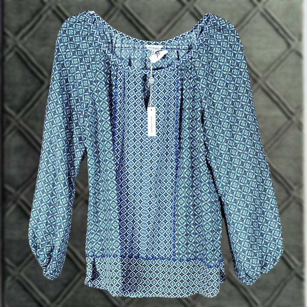 Vintage Max Studio Womens Medium Geometric Blouse - Blue Boho Peasant Size M / US 6-8 / IT 42-44 - 1 Thumbnail
