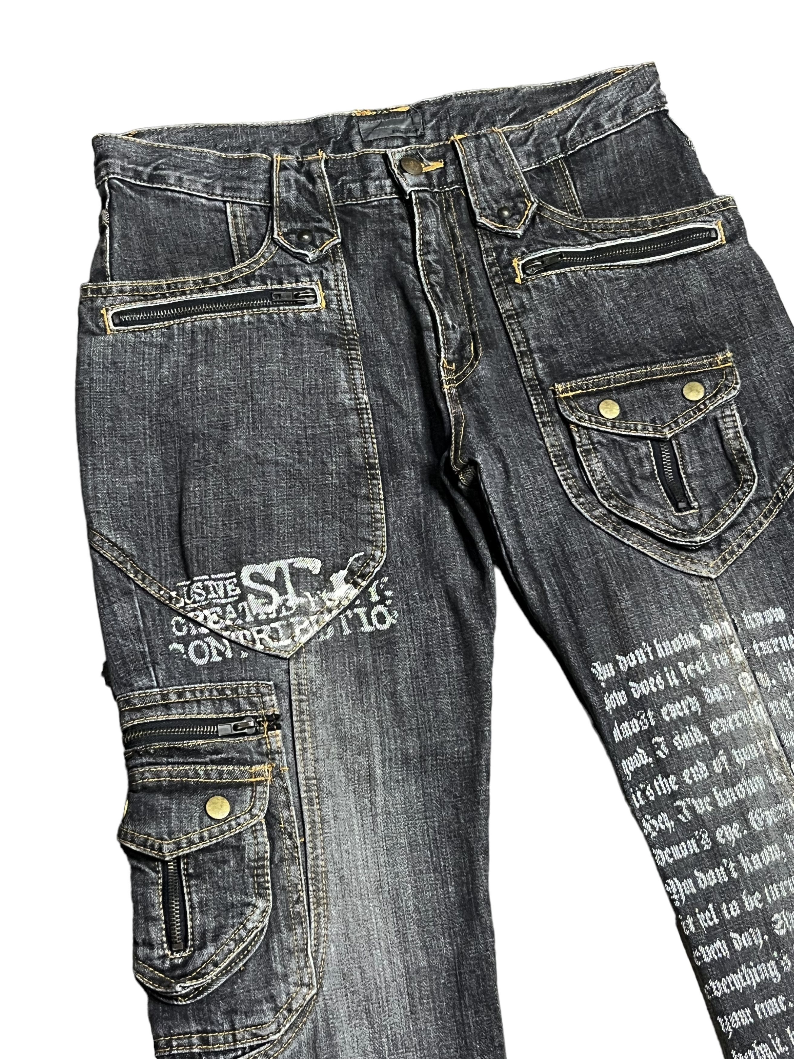 Japanese Brand 🔥EVOLUTION Retro Punk Poems Multipocket Flare Denim Jeans Size US 31 - 10 Thumbnail
