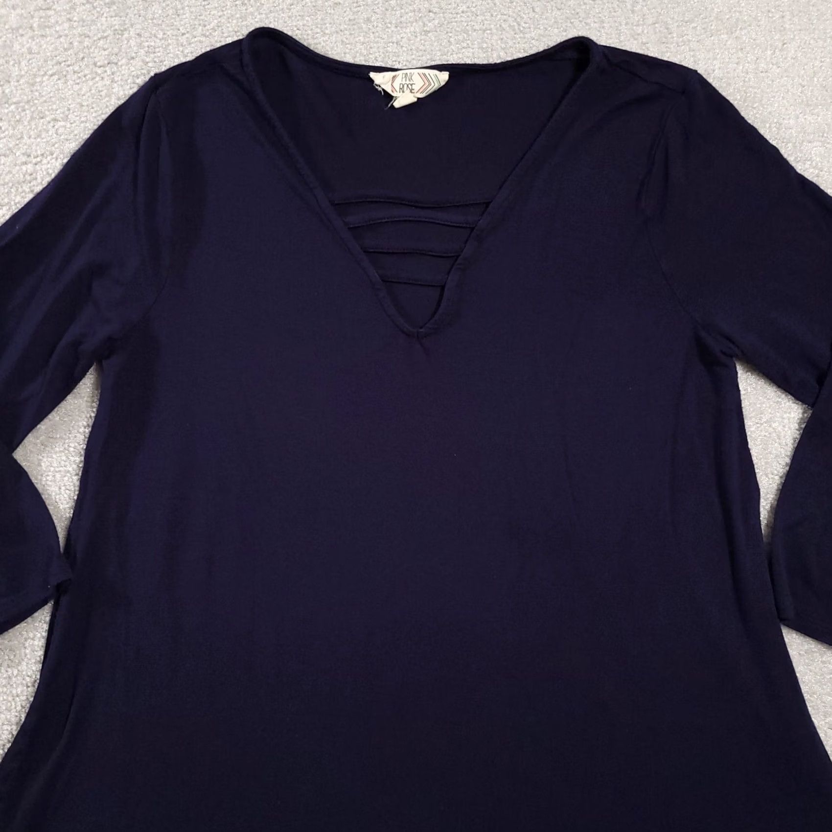 Vintage Pink Rose Dress Womens Large Blue Long Sleeve Knee Length Stretch V Neck Dress Size L / US 10 / IT 46 - 3 Thumbnail