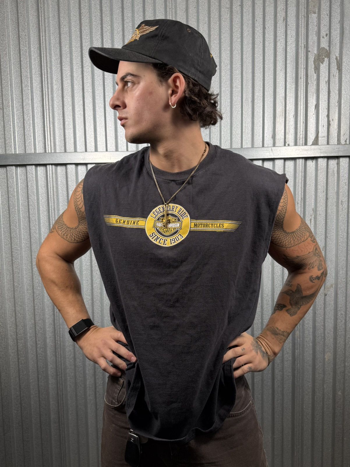 Harley Davidson Vintage Harley Davidson Yellow Pinstripe Cutoff Tank Top Size US L / EU 52-54 / 3 - 2 Thumbnail