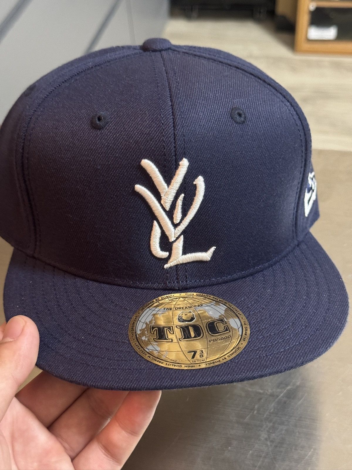 7 3/8 Playboi Carti YVL Fitted Hat White on Navy
