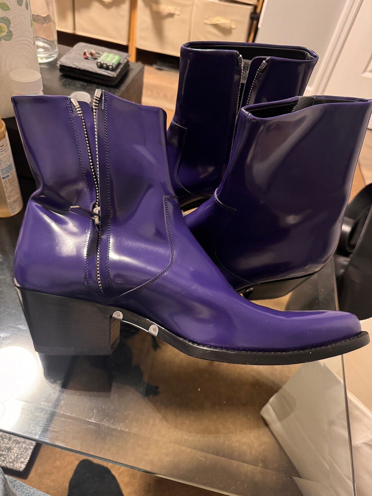 Pre-owned Calvin Klein 205w39nyc X Raf Simons Like New Patent Leather Purple Cowboy Boots Size 12