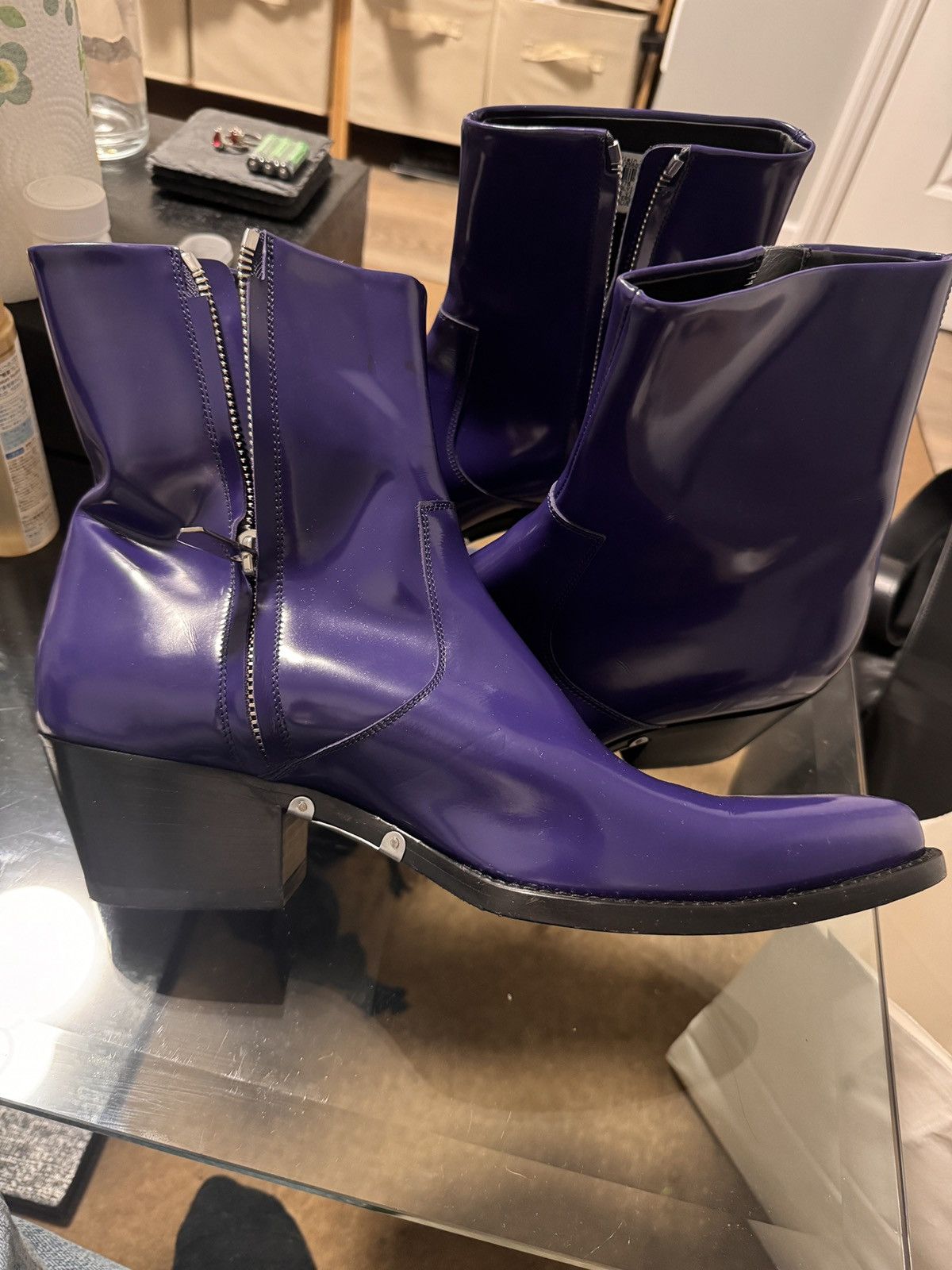 image of Calvin Klein 205W39Nyc x Raf Simons Like New Patent Leather Purple Cowboy Boots Size 12, Men's
