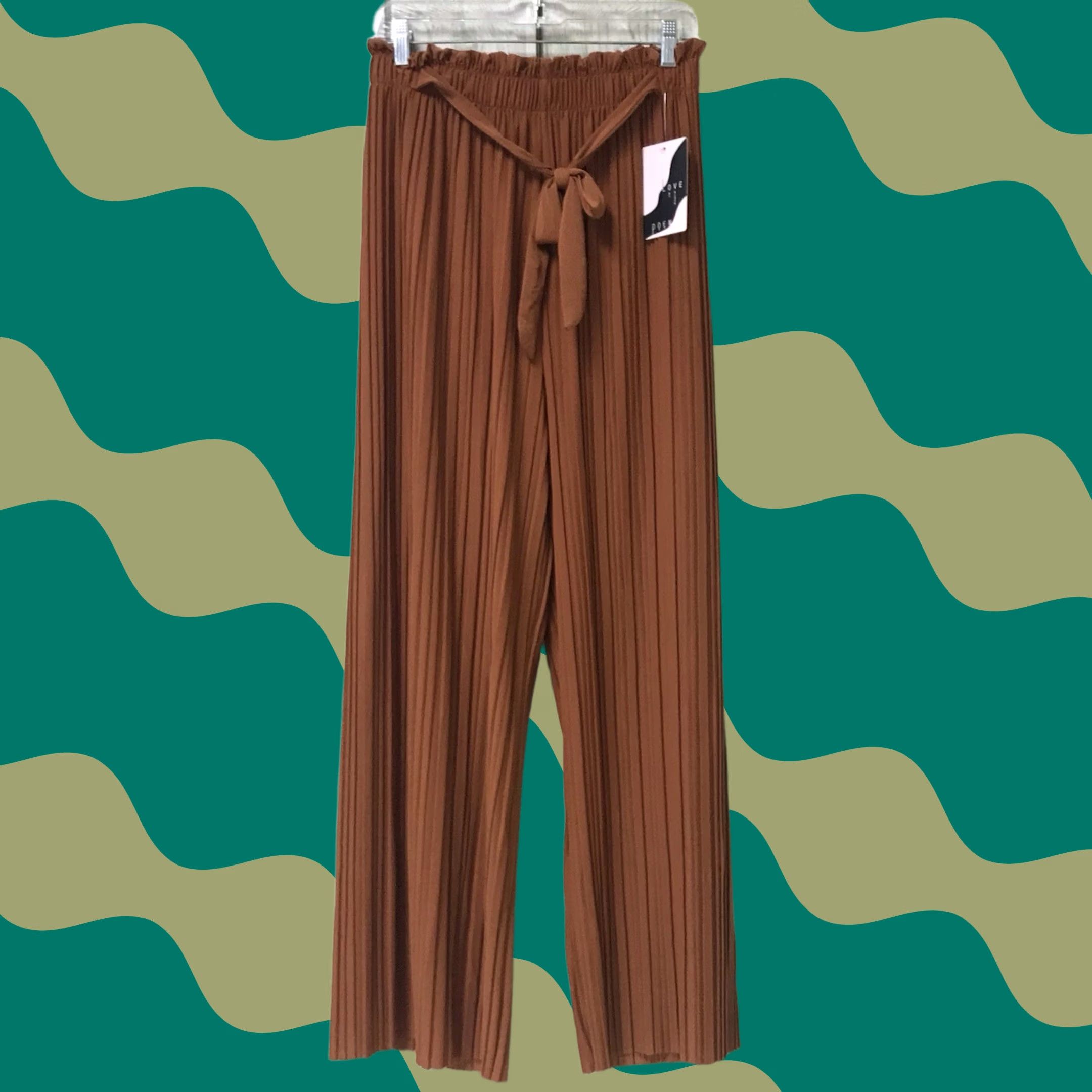 Vintage Love Poem Women Palazzo Pants XL Paperbag Tie-Waist Pleated Wide-Leg Cognac Crepe Polyester Spandex High Rise Inseam 29 in Brown Size 40" / US 18 - 1 Thumbnail