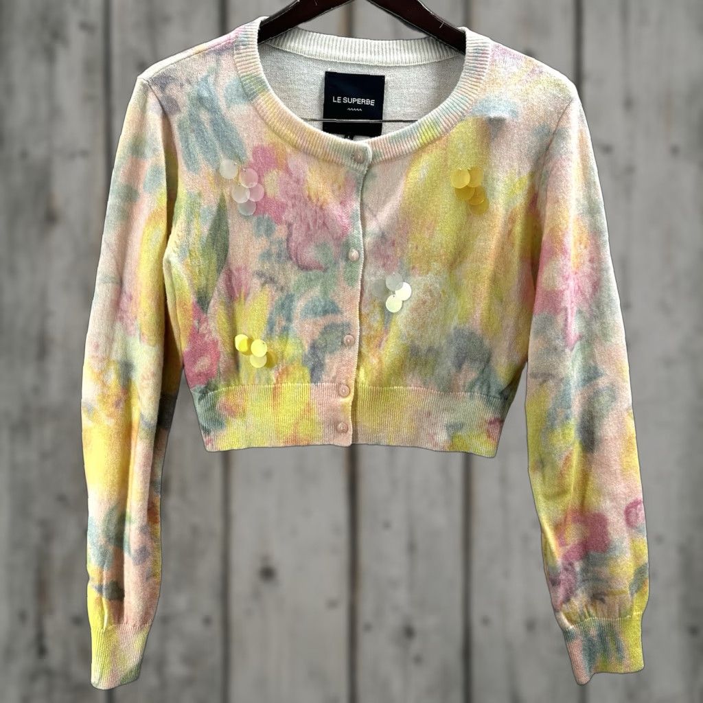 Le Superbe Le Superbe Wool Blend Floral Cardigan Womens Large Yellow Shirt? Size L / US 10 / IT 46 - 1 Thumbnail
