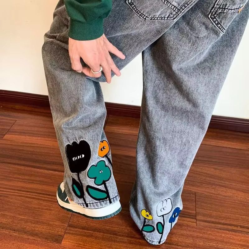 Flower Baggy Casual Denim Wide-leg Jeans Cargo Pants