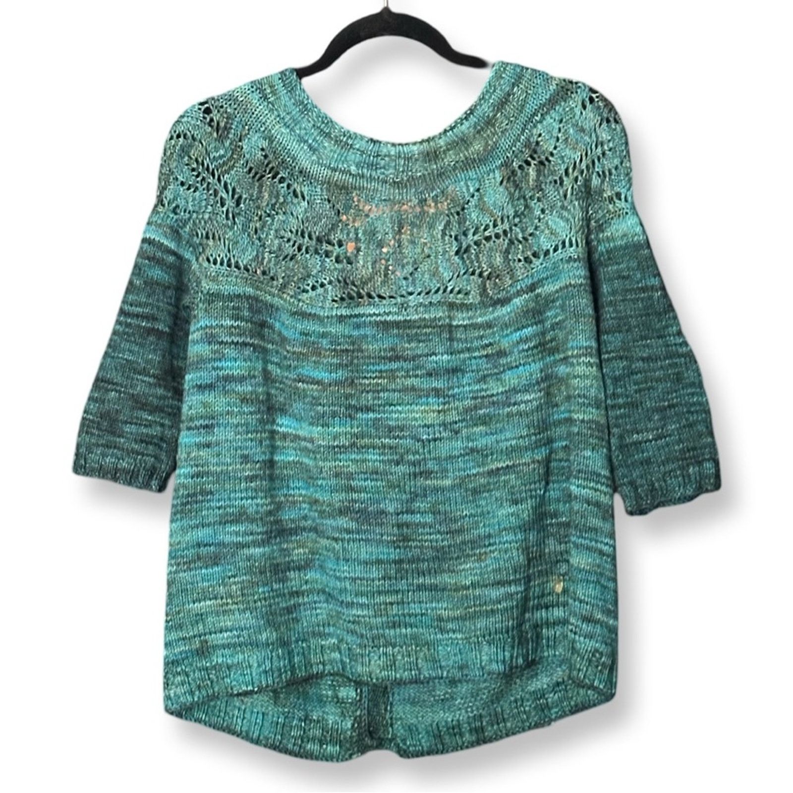 Other Vintage Y2K Unbranded Knit Turquoise Off Shoulder Cardigan Size M / US 6-8 / IT 42-44 - 2 Thumbnail