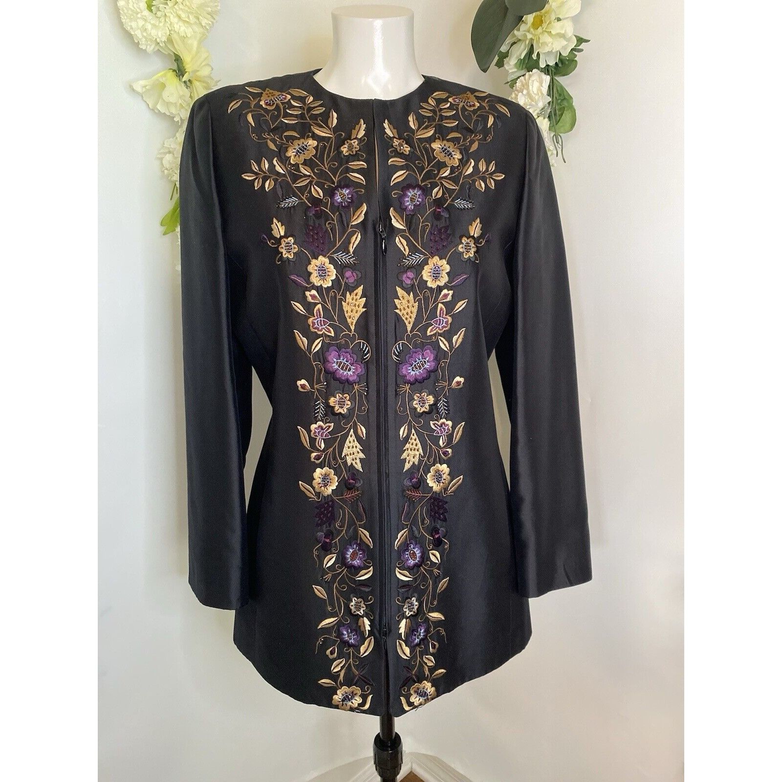Vintage Dana Buchman Vintage Silk Jacket Long 90s Floral Embroidered Size S / US 4 / IT 40 - 2 Thumbnail