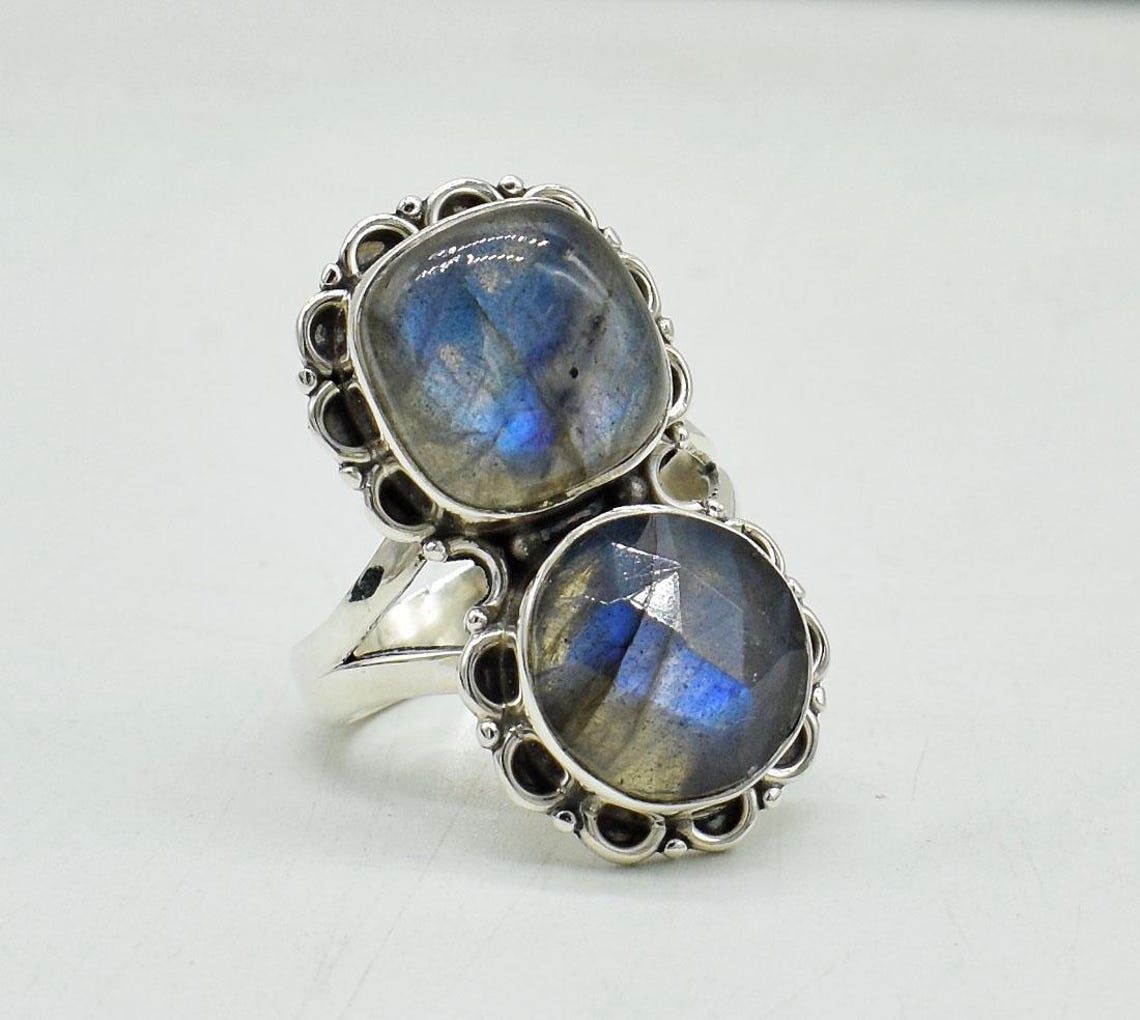 Handmade Blue Fire Labradorite 925K Silver Ring Handmade Boho Jewelry Size ONE SIZE - 4 Thumbnail