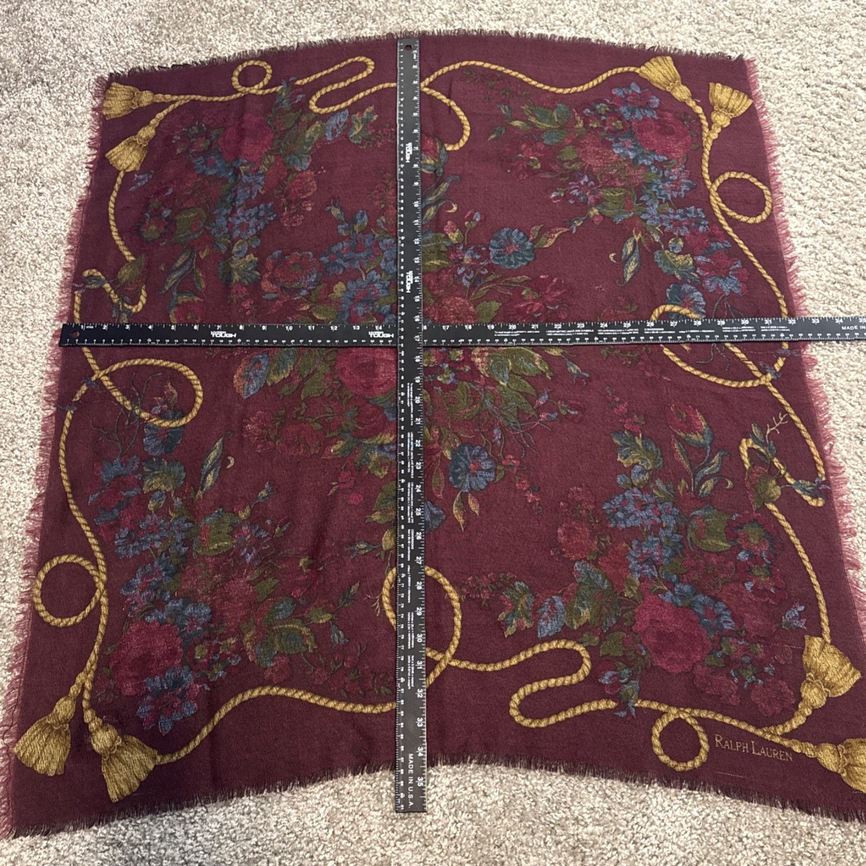 Vintage VINTAGE Polo Ralph Lauren Scarf Women's Wool Floral Rose Burgundy Red Heritage 100% Wool Size ONE SIZE - 7 Thumbnail