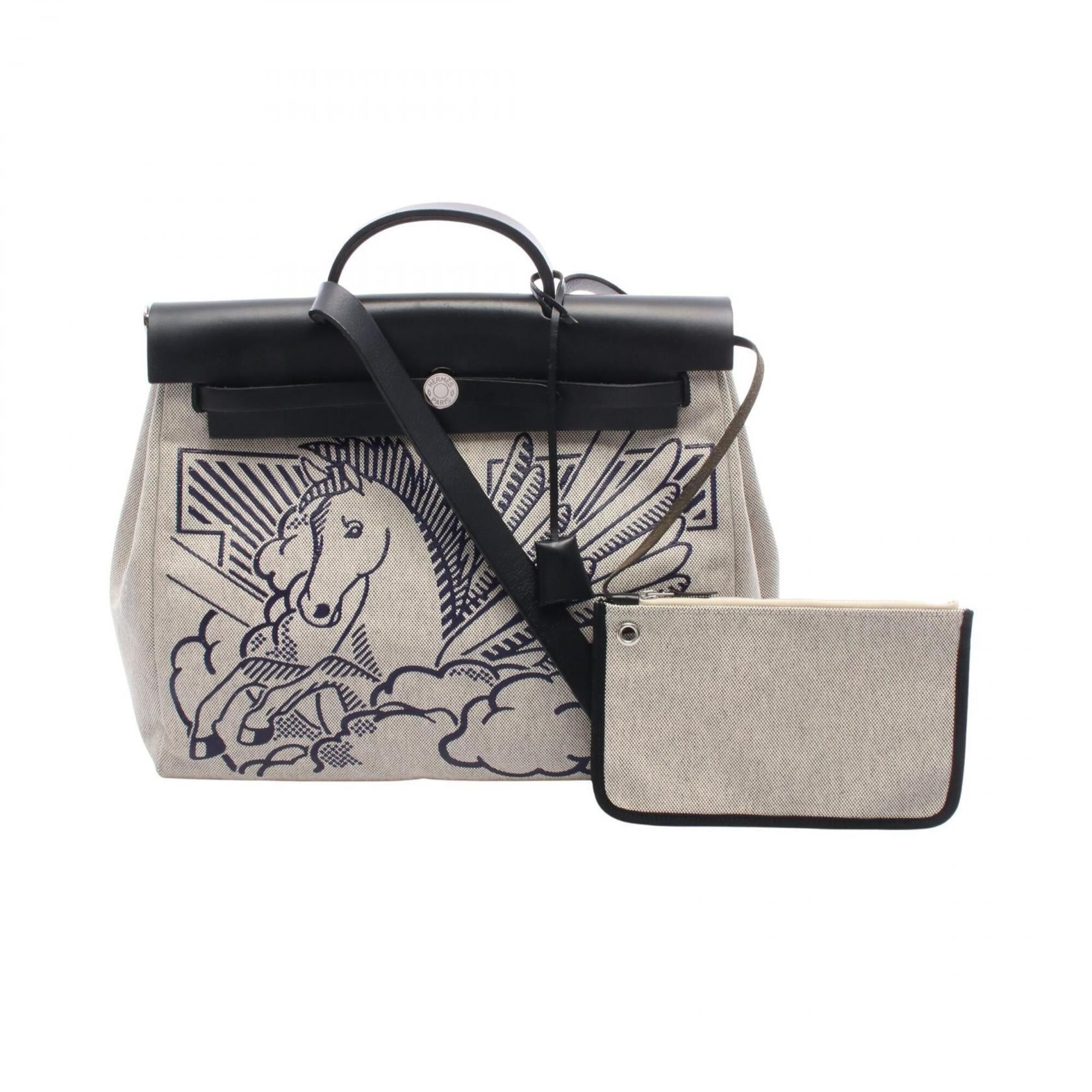 Hermes Hermes Herbag Zip MM Pegasus Pop Handbag - Canvas Leather Toile H Vache Hunter Women's Beige, Navy, Blue Indigo Size ONE SIZE - 1 Thumbnail