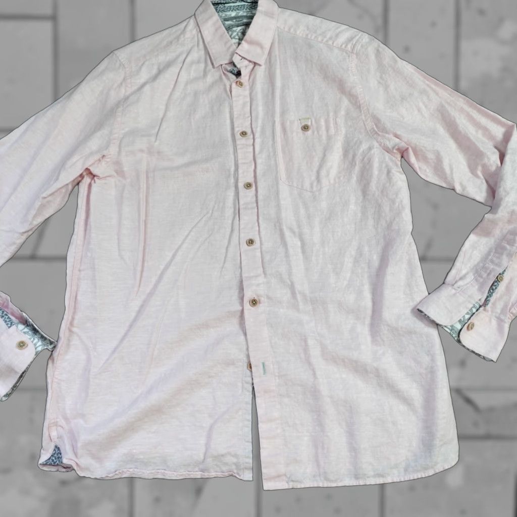 Ted Baker Ted Baker Shirt Large Pink Solid Linen Cotton Button-Up Long Sleeve Collared Regular Men Size US L / EU 52-54 / 3 - 1 Thumbnail