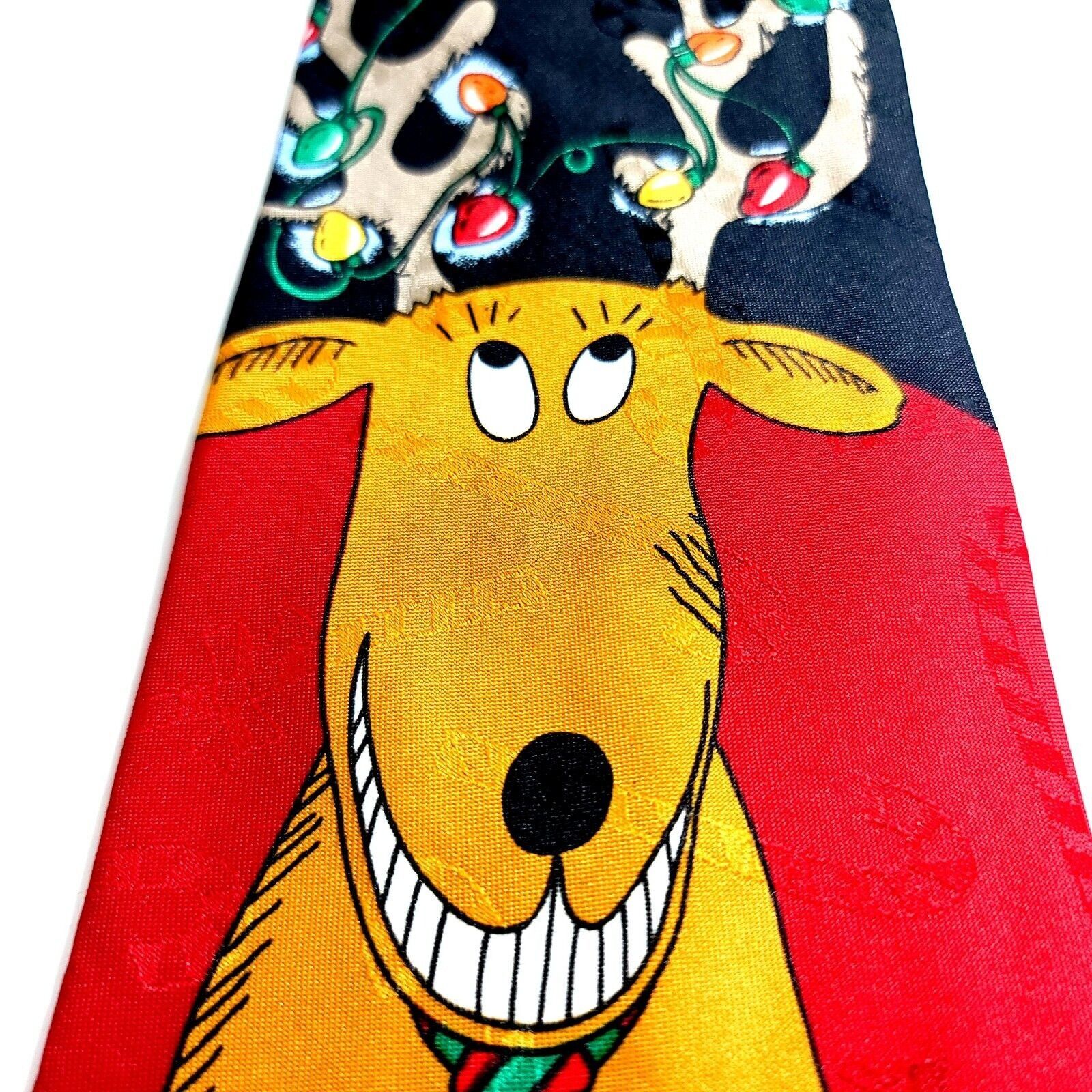 Designer Hallmark Yule Tie Greeting Red Black Reindeer Polyester Wide Size ONE SIZE - 2 Thumbnail
