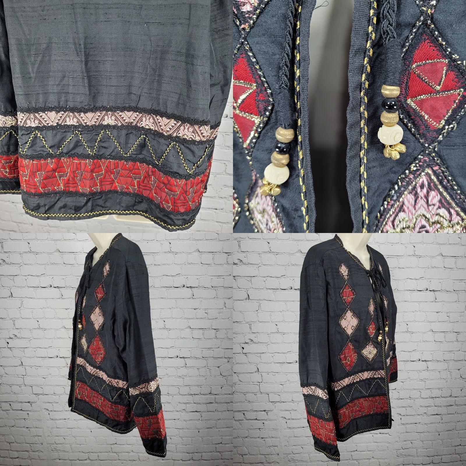 Vintage VTG Allure Black 100% Silk Tassel Embroidered Gold Lightweight Lined Jacket L Size L / US 10 / IT 46 - 8 Thumbnail
