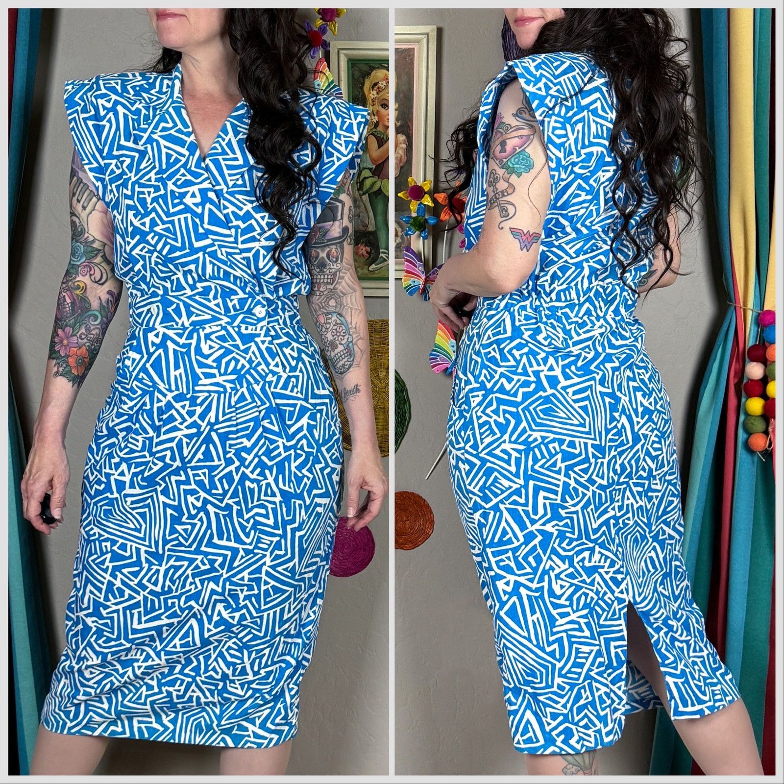 Vintage 1980s Blue & White Abstract Geometric Print Sleeveless Dress Size XS / US 0-2 / IT 36-38 - 3 Thumbnail