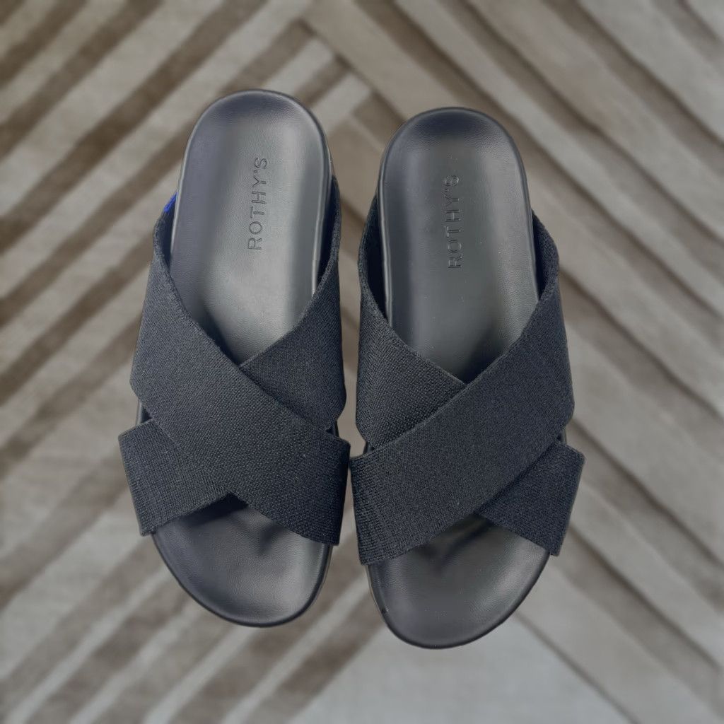 Vintage Rothy’s The Weekend Slide Sandals Womens 8 Black Hemp Cross Straps Slip On Sandal Womens Black 8 Size US 8 / IT 38 - 1 Thumbnail