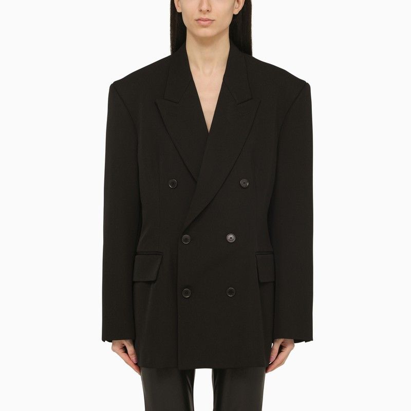 Image of Balenciaga Cinched Double-Breasted Black Wool Jacket, Women's (Size Small)