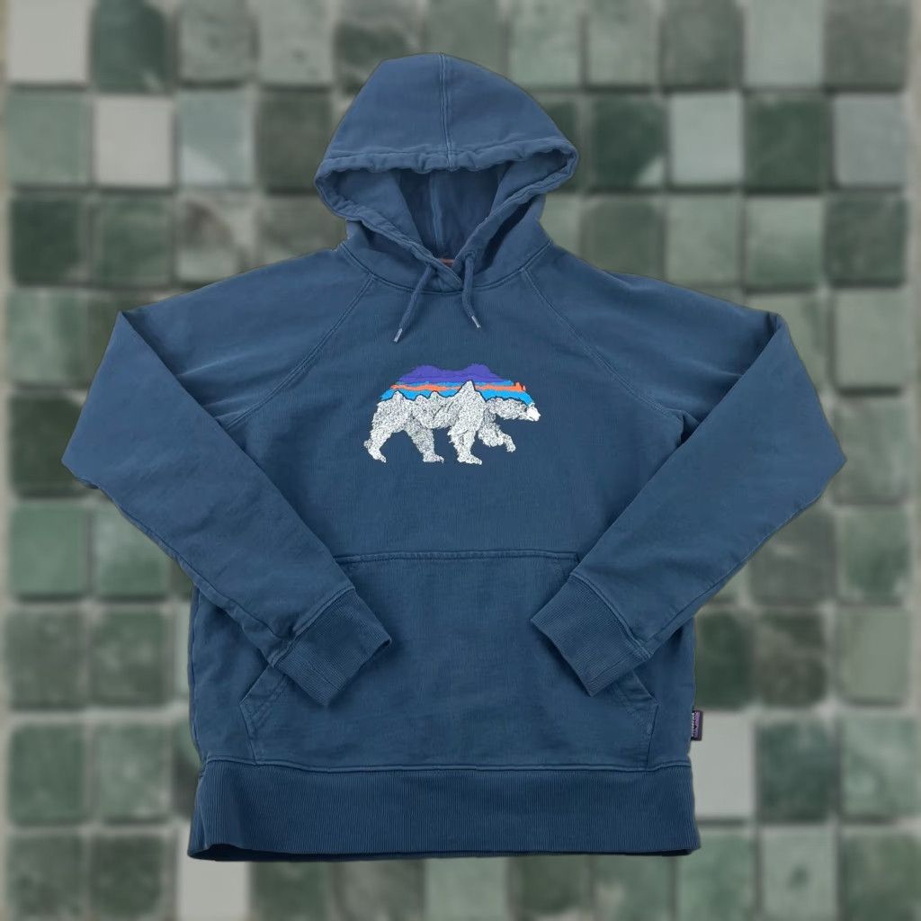 Patagonia Patagonia Hoodie Women Small Blue Regular Fit Graphic Print Bear Logo Hooded Pockets All Seasons Fleece Cotton Blend Crew Neck Pullover Size S / US 4 / IT 40 - 1 Thumbnail