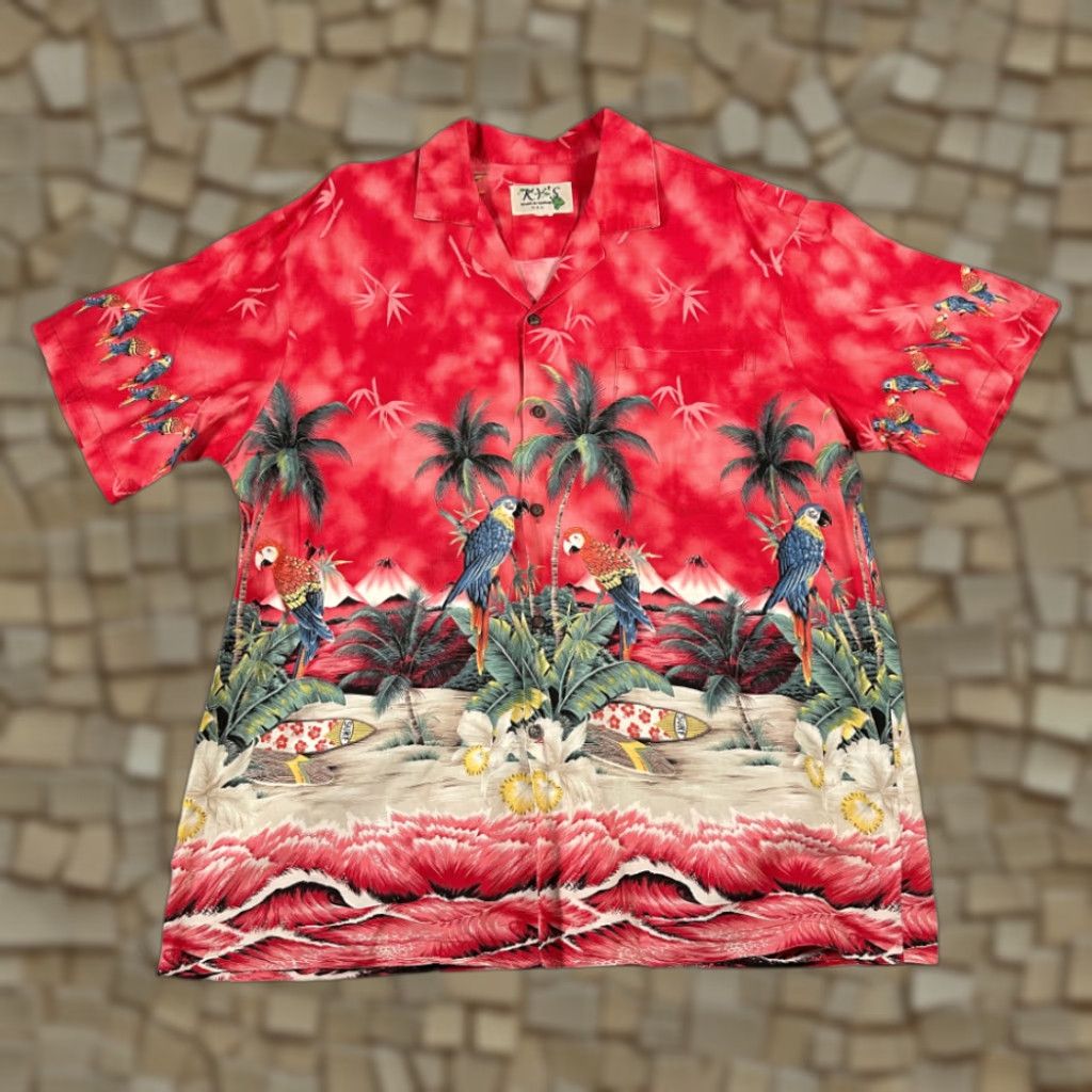 Vintage VINTAGE Ky's of Hawaii Hawaiian Shirt Adult LARGE Red Aloha Tropical Parrot Palm Tree 80s Shirt Mens Size US L / EU 52-54 / 3 - 1 Thumbnail