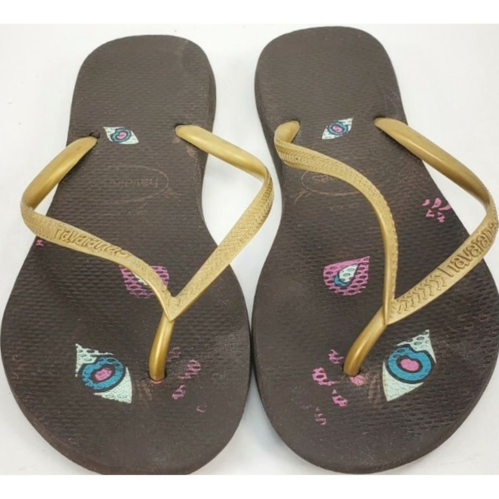 Vintage Havaianas Sandals Women's 9 Gold Straps Brown Footbed Comfy Casual Flip Flop Slips On Rubber Breathable 2020 Mens? Size US 9 / IT 39 - 3 Thumbnail