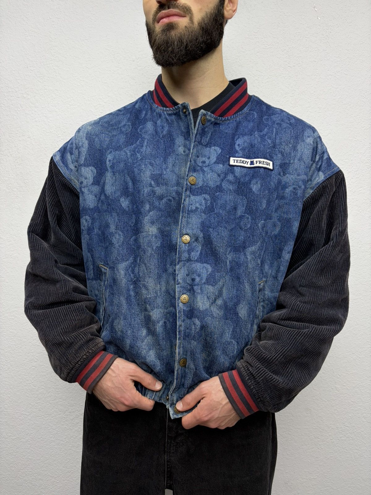 Teddy Fresh Teddy Fresh Denim Varsity Jacket Hybrid All-Over Bear Print Size US L / EU 52-54 / 3 - 7 Thumbnail