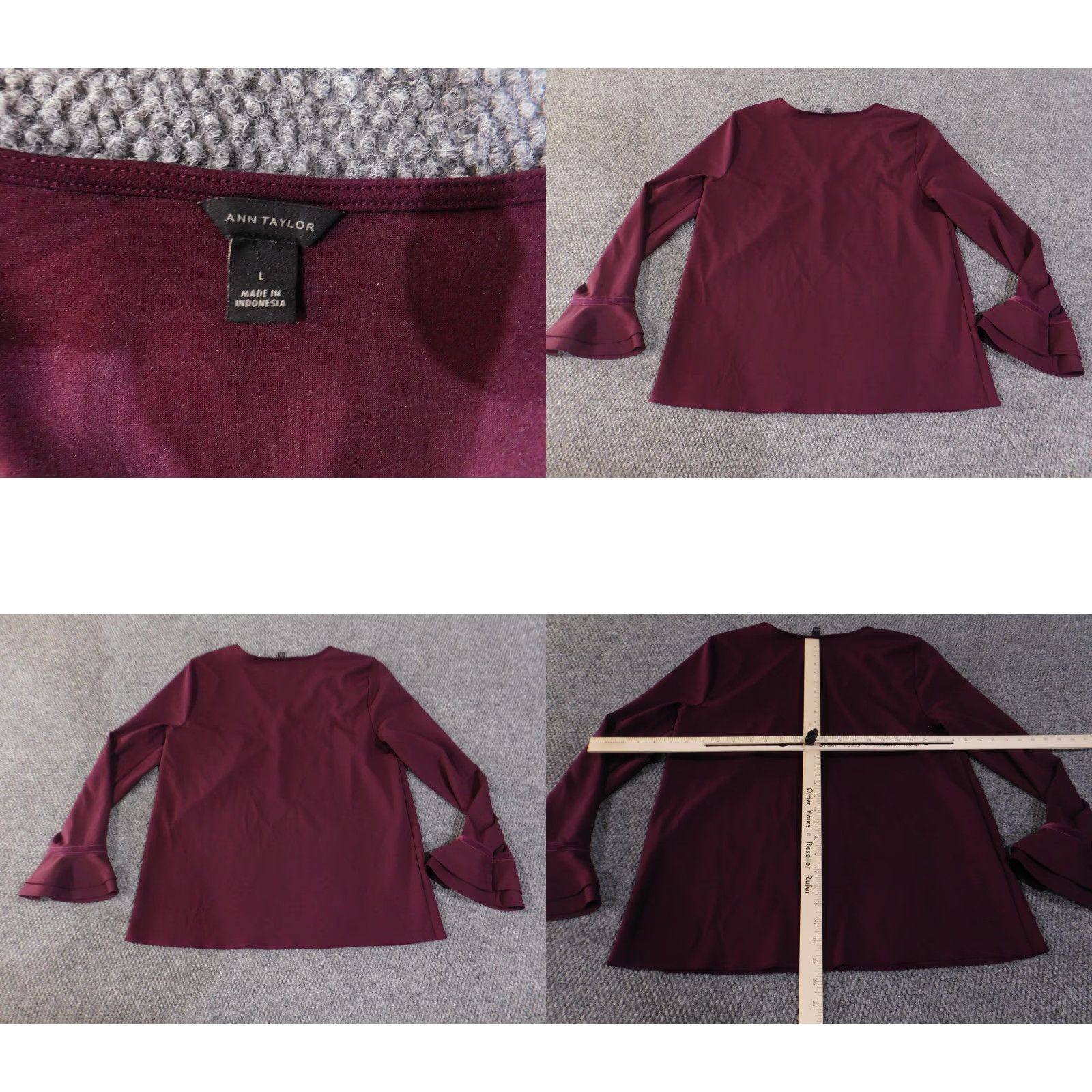 Ann Taylor VINTAGE Ann Taylor Shirt Womens Large Burgundy V Neck Bell Sleeve Ruffle Cuffs Stretch Size L / US 10 / IT 46 - 8 Thumbnail