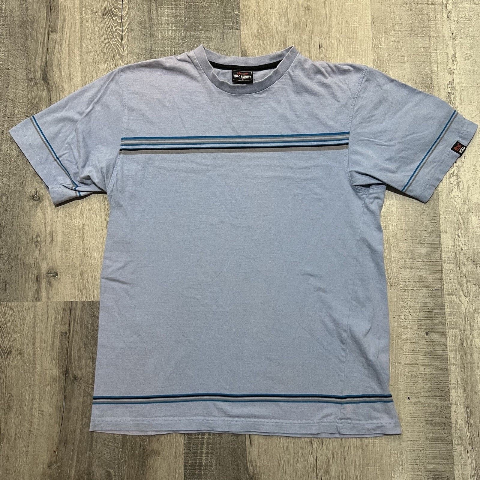 Vintage VTG Solo Semore Blue Skater Sun Faded Striped Y2K Surf Tee Size US L / EU 52-54 / 3 - 1 Thumbnail