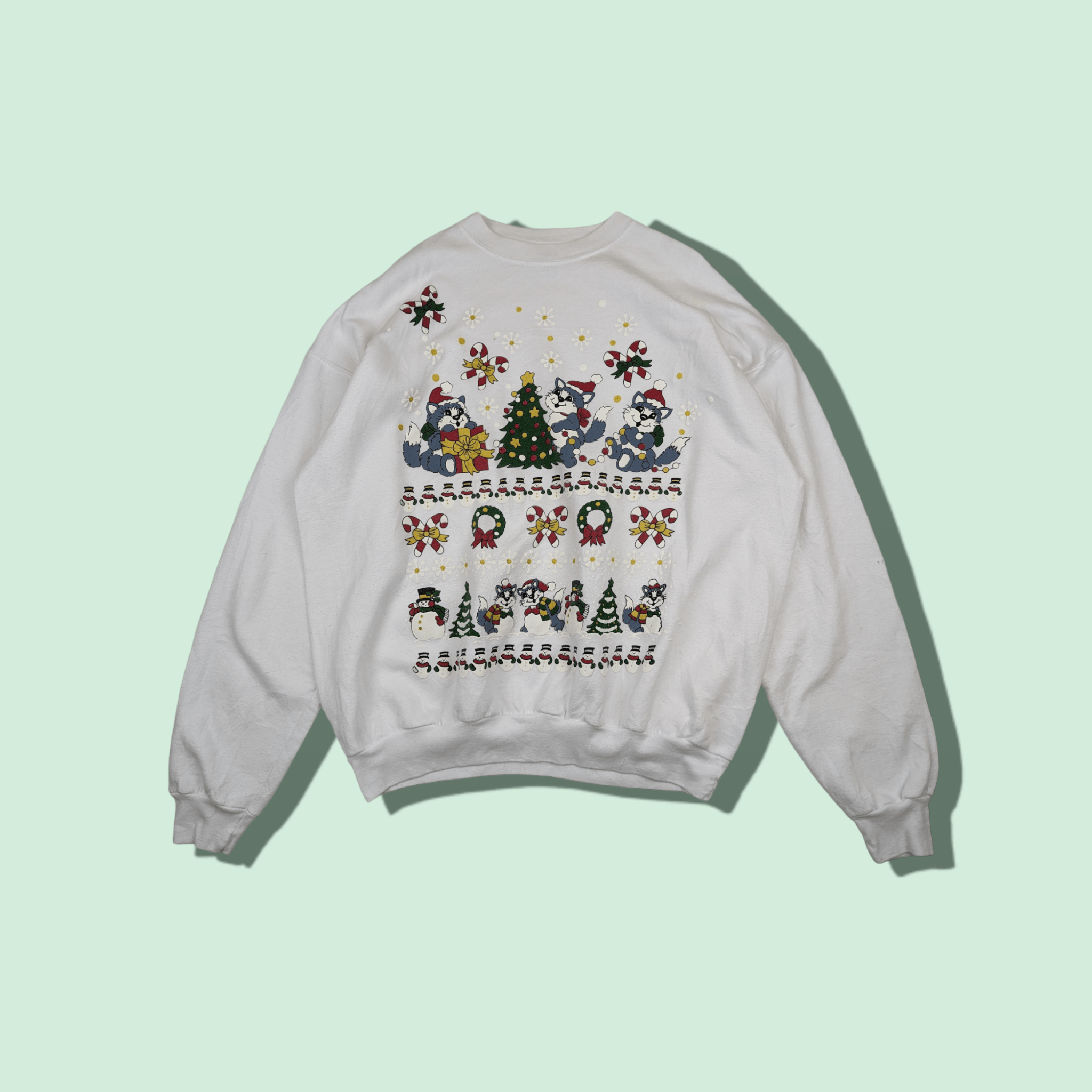 Hanes Vintage 2000's CHRISTMAS Tree Cat Animal Jumper Sweatshirt Size US XL / EU 56 / 4 - 1 Thumbnail