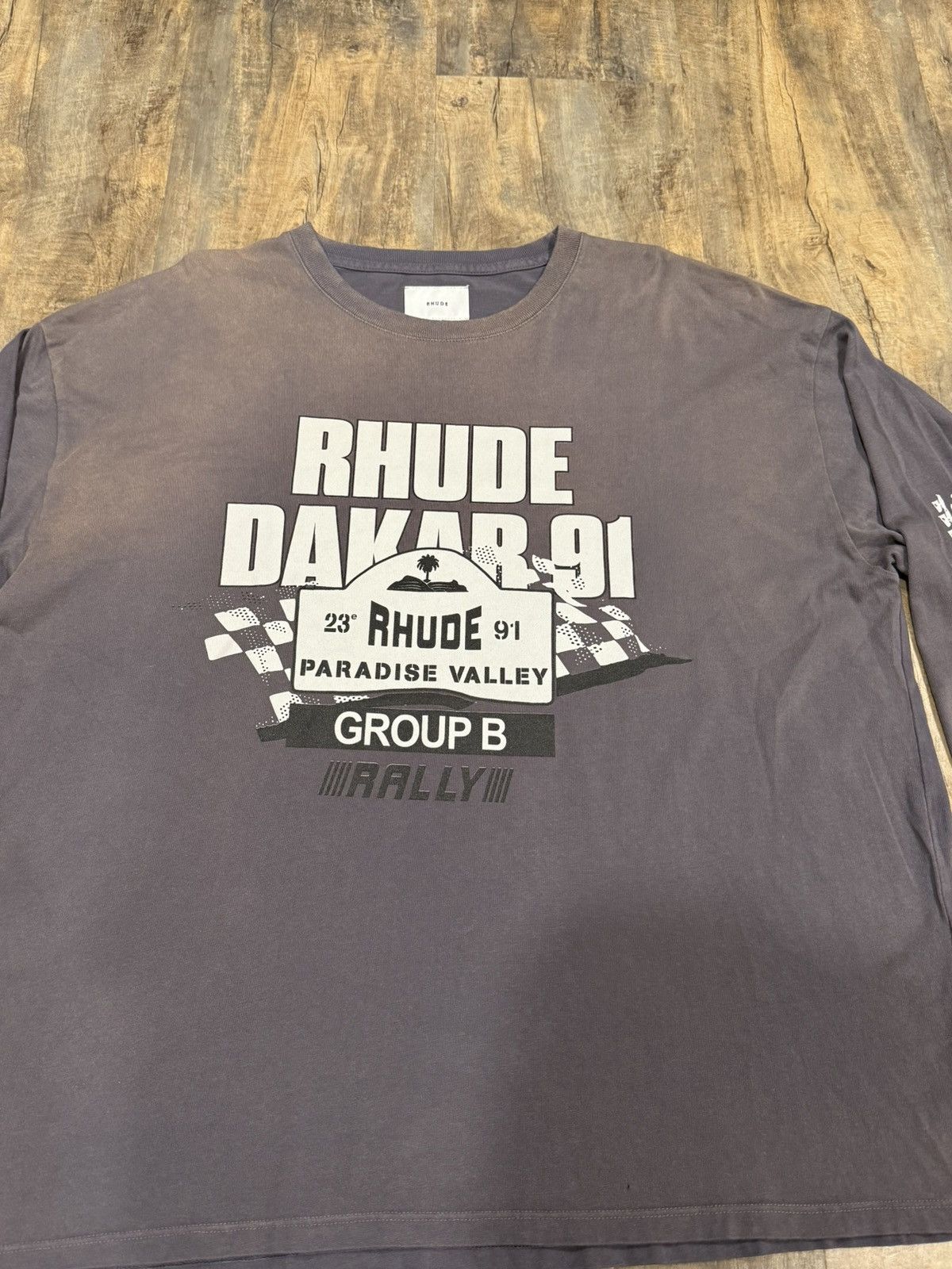 RARE Rhude Dakar 91 Logo L/S Tee Faded Grey Rally Racing