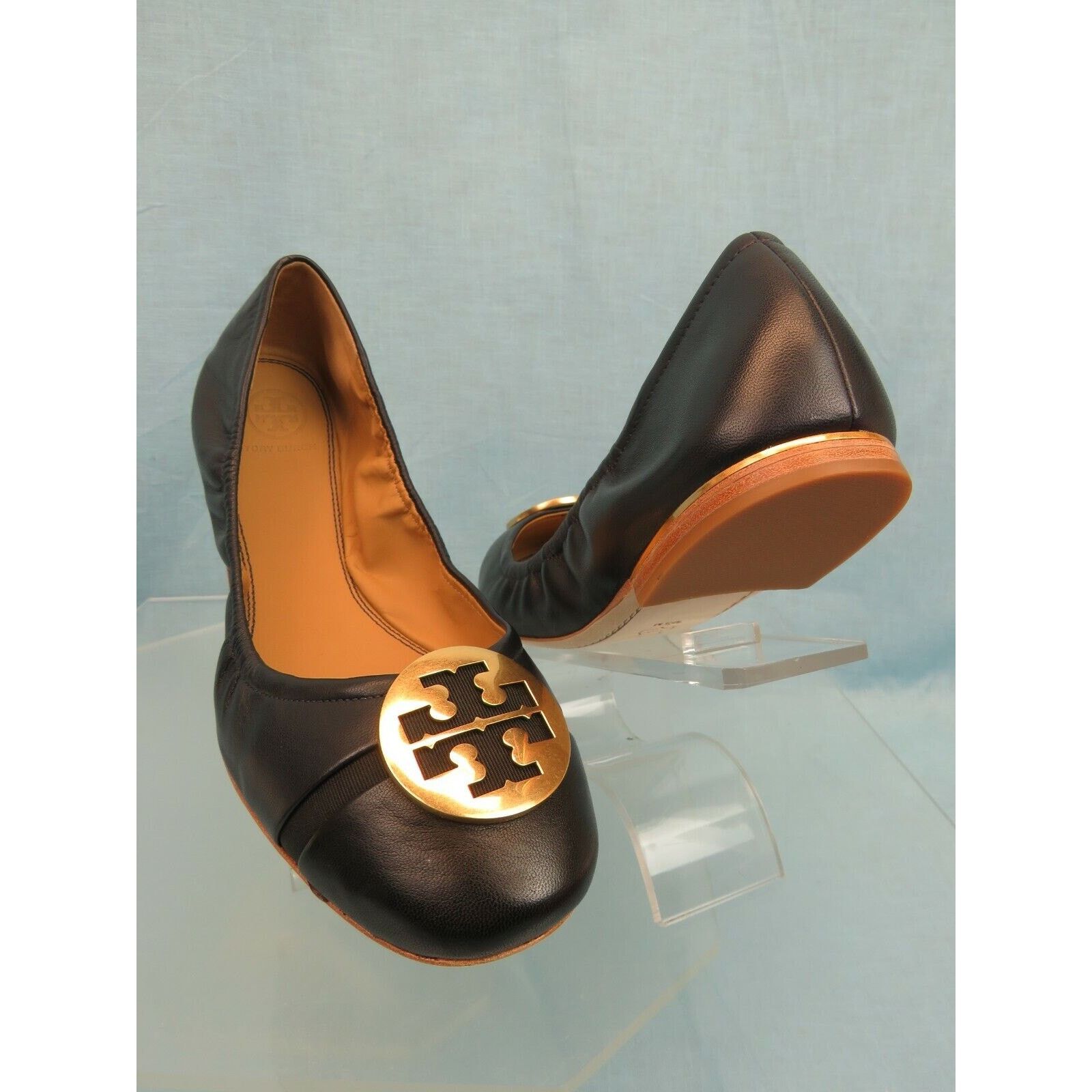 Tory Burch TORY BURCH MINNIE NAVY LEATHER GOLD REVA BLACK TOE FLATS 7.5 Size US 7.5 / IT 37.5 - 6 Thumbnail