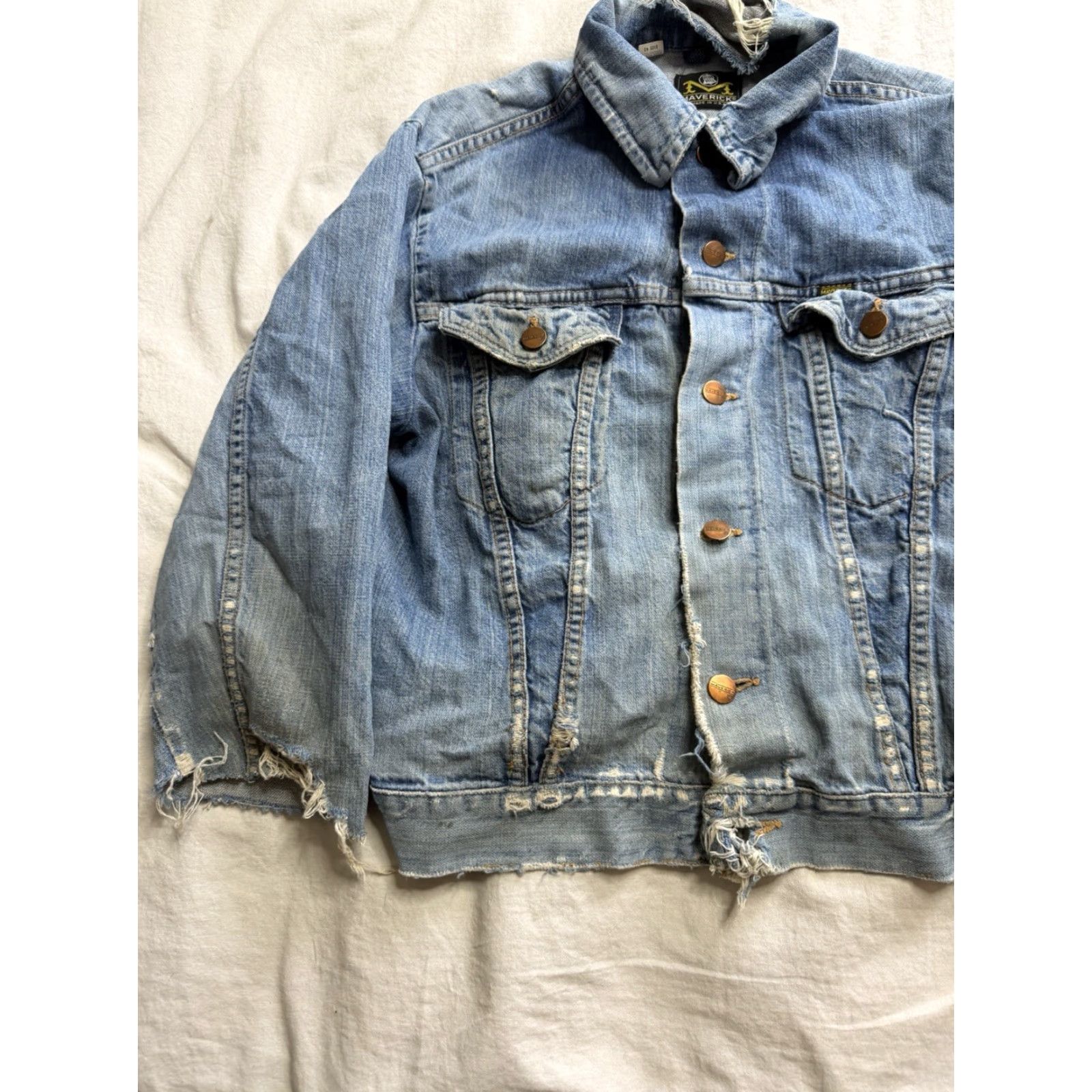 VINTAGE Mavericks Trucker Jacket Mens 42 Blue Denim Distressed Blue Bell Regular Jacket Mens Background edited