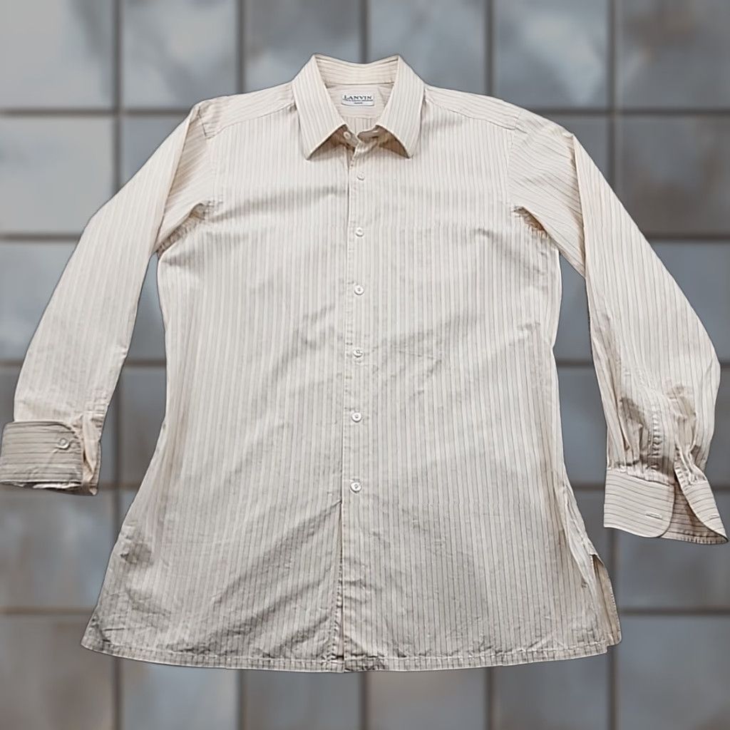 Lanvin VINTAGE Lanvin Dress Shirt Mens 16.5x34 Long Sleeve Beige Striped Slim Fit Cotton Blend Shirt Mens Size 46R - 1 Thumbnail