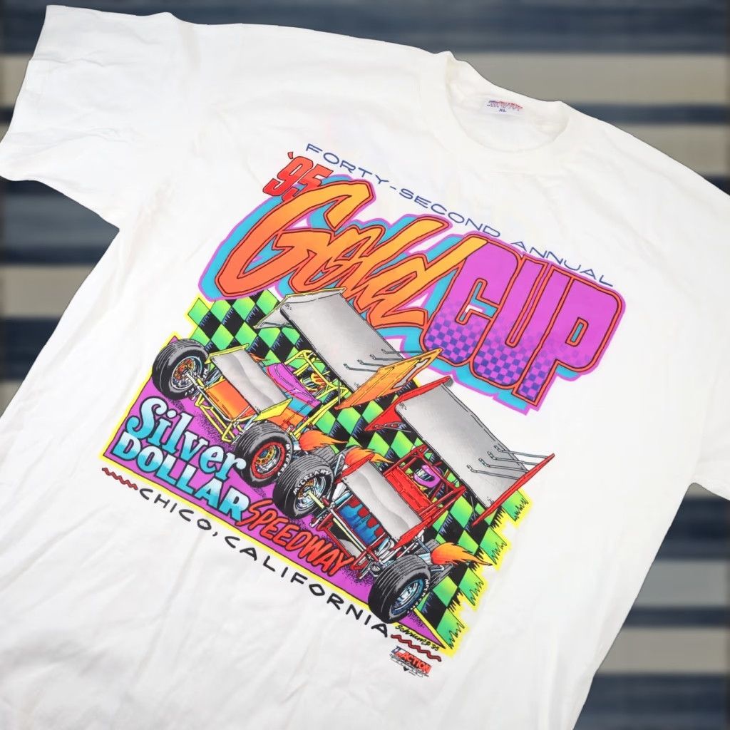Vintage VINTAGE 1995 Silver Dollar Speedway Gold Cup Sprint Car Racing Graphic T Shirt Mens XL White Size US XL / EU 56 / 4 - 1 Thumbnail