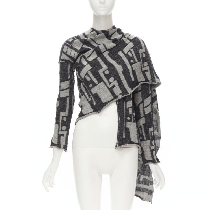 Comme des Garcons COMME DES GARCONS 1980's Vintage grey abstract wool intarsia wrap scarf cardigan Size M / US 6-8 / IT 42-44 - 1 Thumbnail