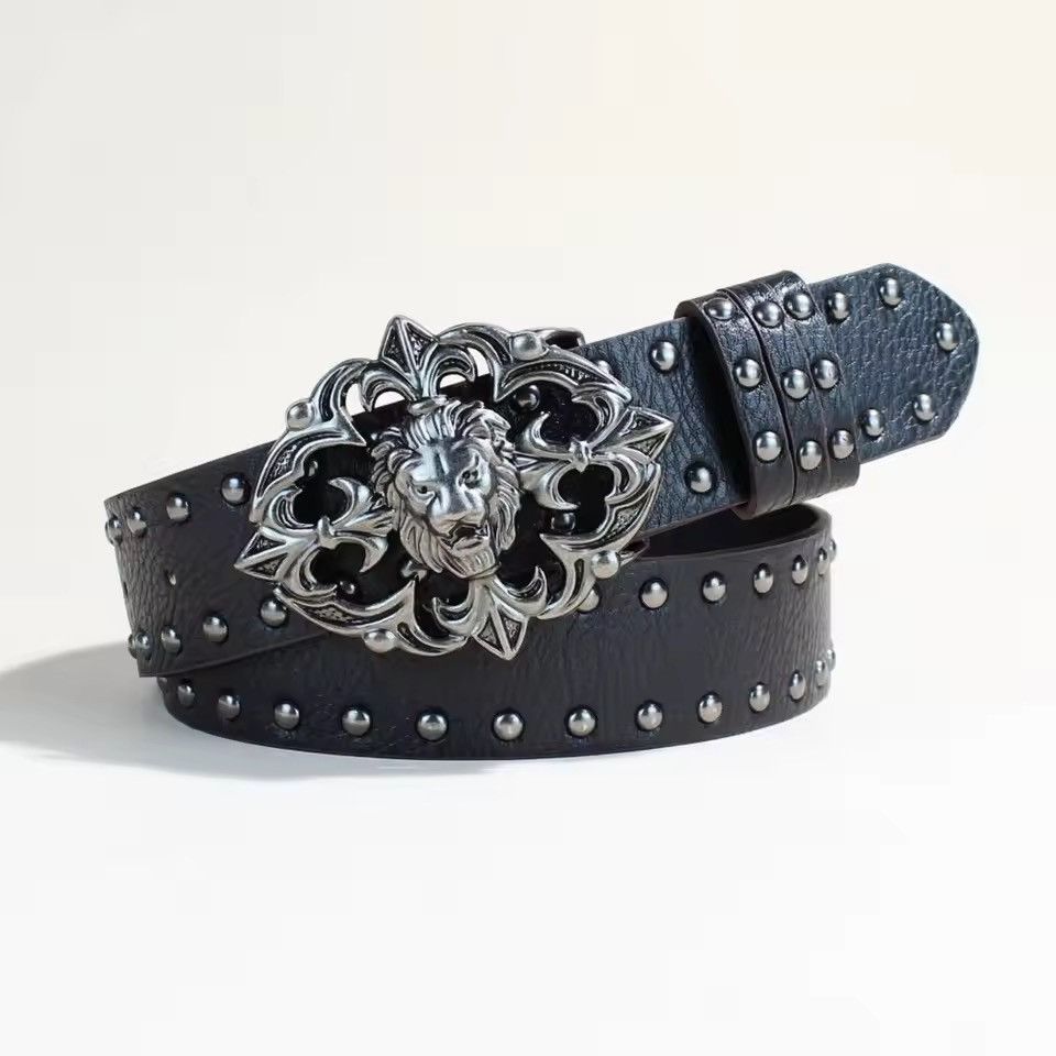 Japanese Brand Gothic Y2K Women Men Lion Studed Pu Leather Belts Size 30 - 1 Thumbnail