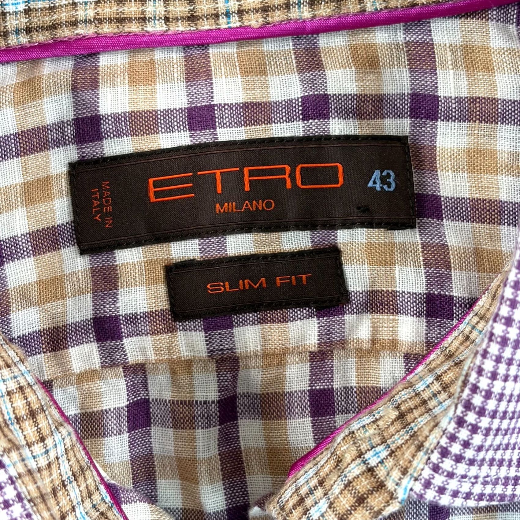 Etro ETRO Milano Slim Fit Dress Shirt 43 Multi Plaid 100% Linen Italy Contras Collar Size 46R - 2 Thumbnail