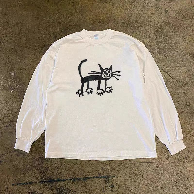 Japanese Brand White casual retro cartoon cat print long sleeve tee Size US L / EU 52-54 / 3 - 1 Thumbnail