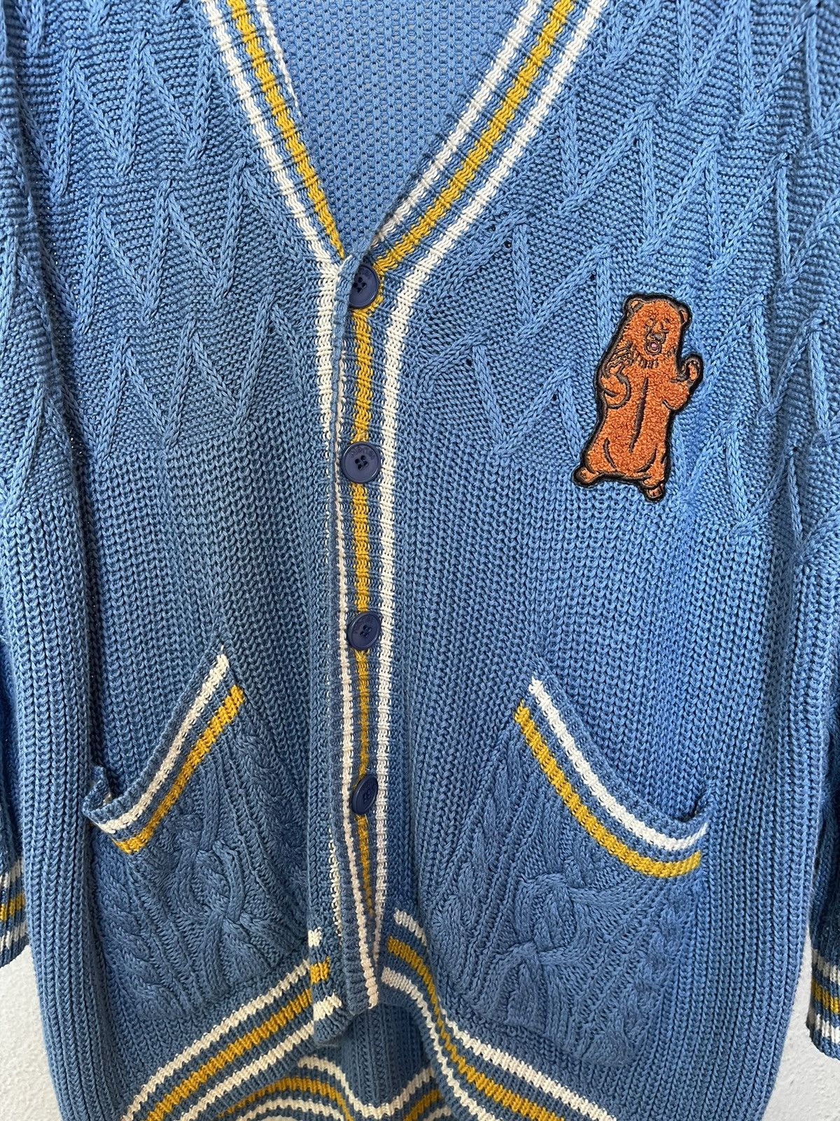 Ne-Net Ne Net Blue Cable Knit Cardigan Brown Bear Patch 2 Pockets Size ONE SIZE - 3 Thumbnail