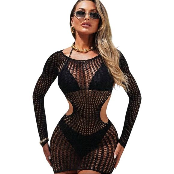 Other Women Black Thin Hollow Out Sheer Dress Size ONE SIZE - 3 Thumbnail