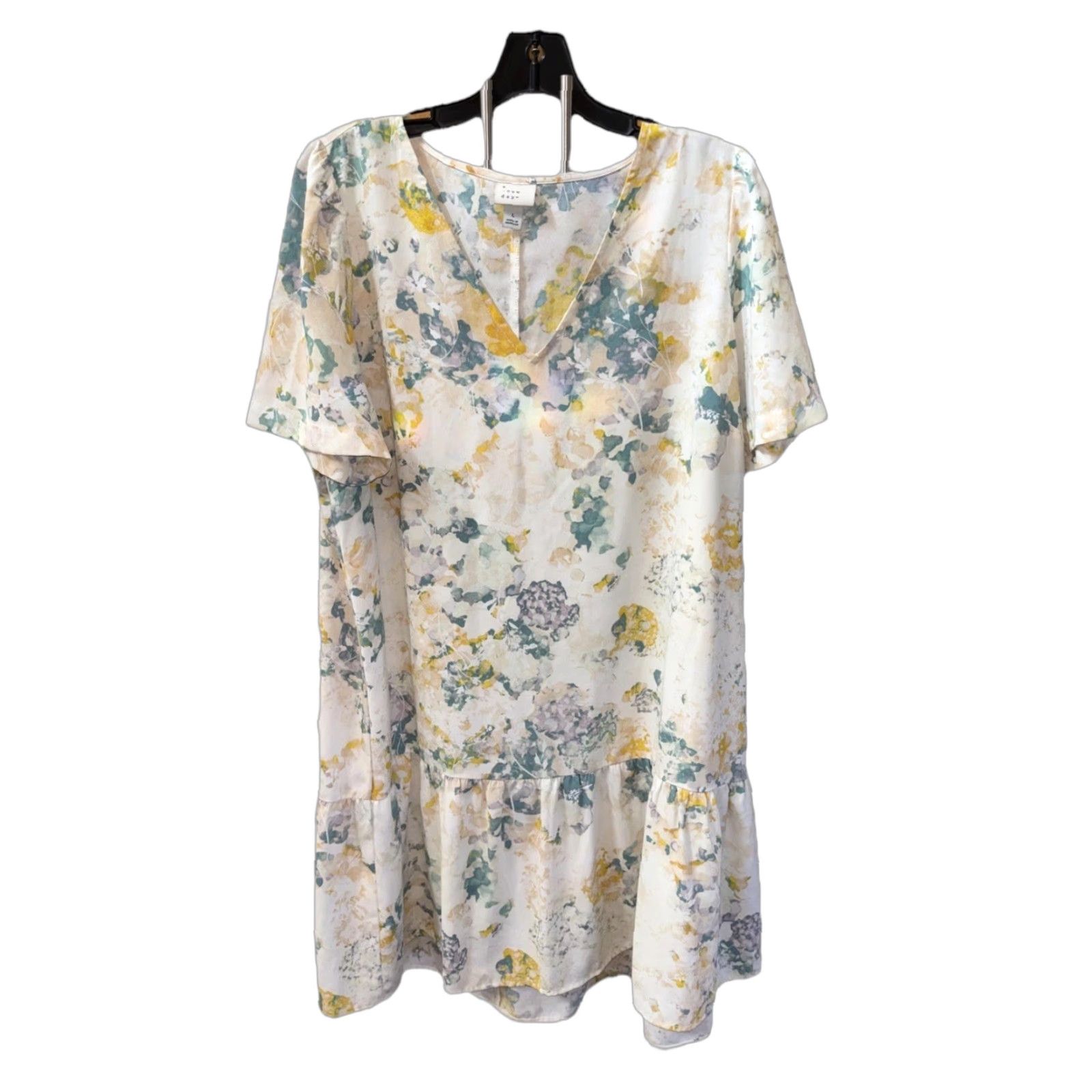 Vintage A New Day Women Ivory Casual Dress L Drop Waist Floral V Neck Short Sleeve Size 36" / US 14 / IT 50 - 1 Thumbnail