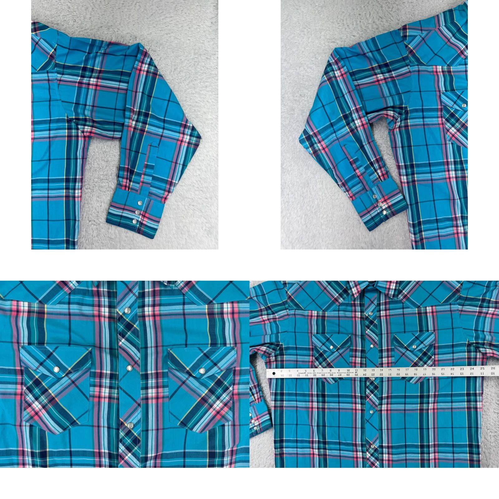 Wrangler Wrangler Shirt Mens Blue Plaid 17.5 Polyester Western Pearl Snap X-Long Tails Button-Up Size US XXL / EU 58 / 5 - 8 Thumbnail