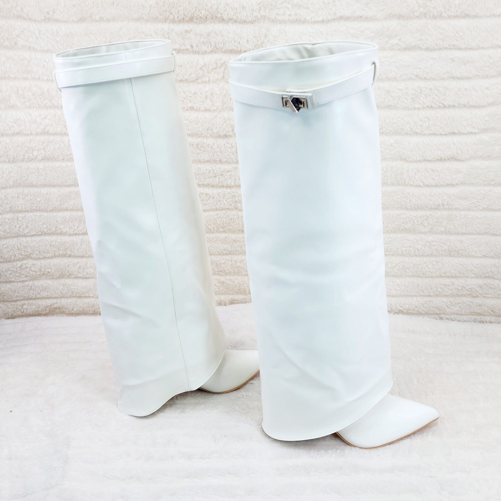 Other Paris White Skirted Fold Over 3.5" Block Heel Knee High Boot Size US 7 / IT 37 - 1 Thumbnail