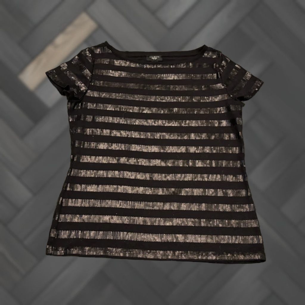 Talbots Talbots Shirt Womens P Black Striped Sequin Top Short Sleeve Casual Shimmer Size S / US 4 / IT 40 - 1 Thumbnail