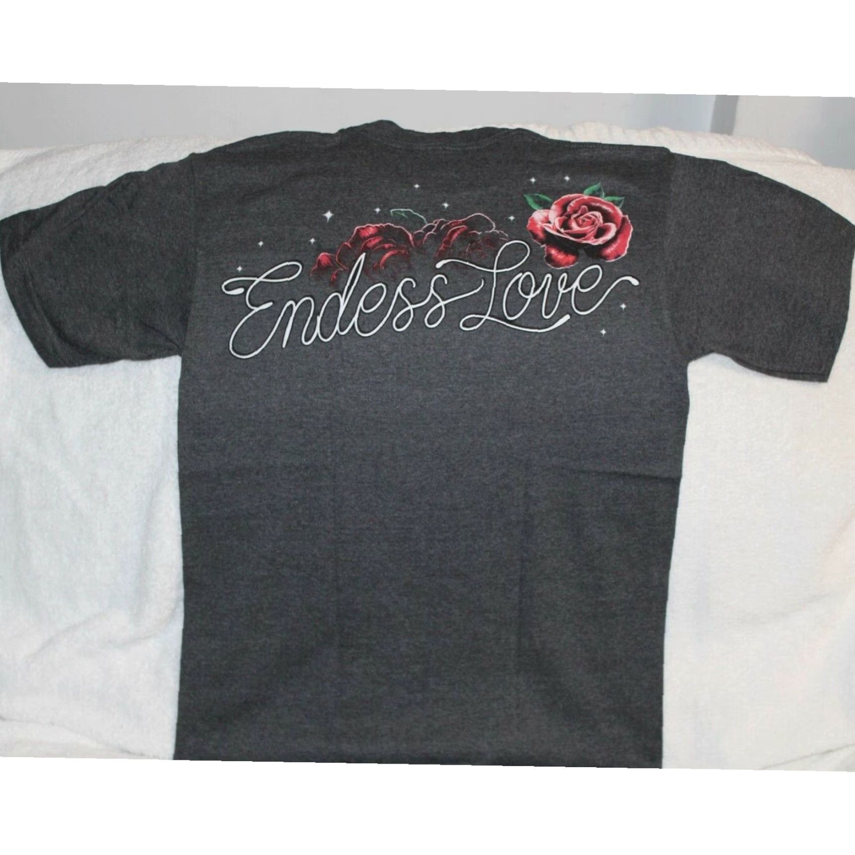 Vintage DAY OF THE DEAD GRAPHIC TEE MENS CHARCOAL GREY SKULL ROSE FLOWER ENDLESS LOVE T-SHIRT Size US L / EU 52-54 / 3 - 3 Thumbnail